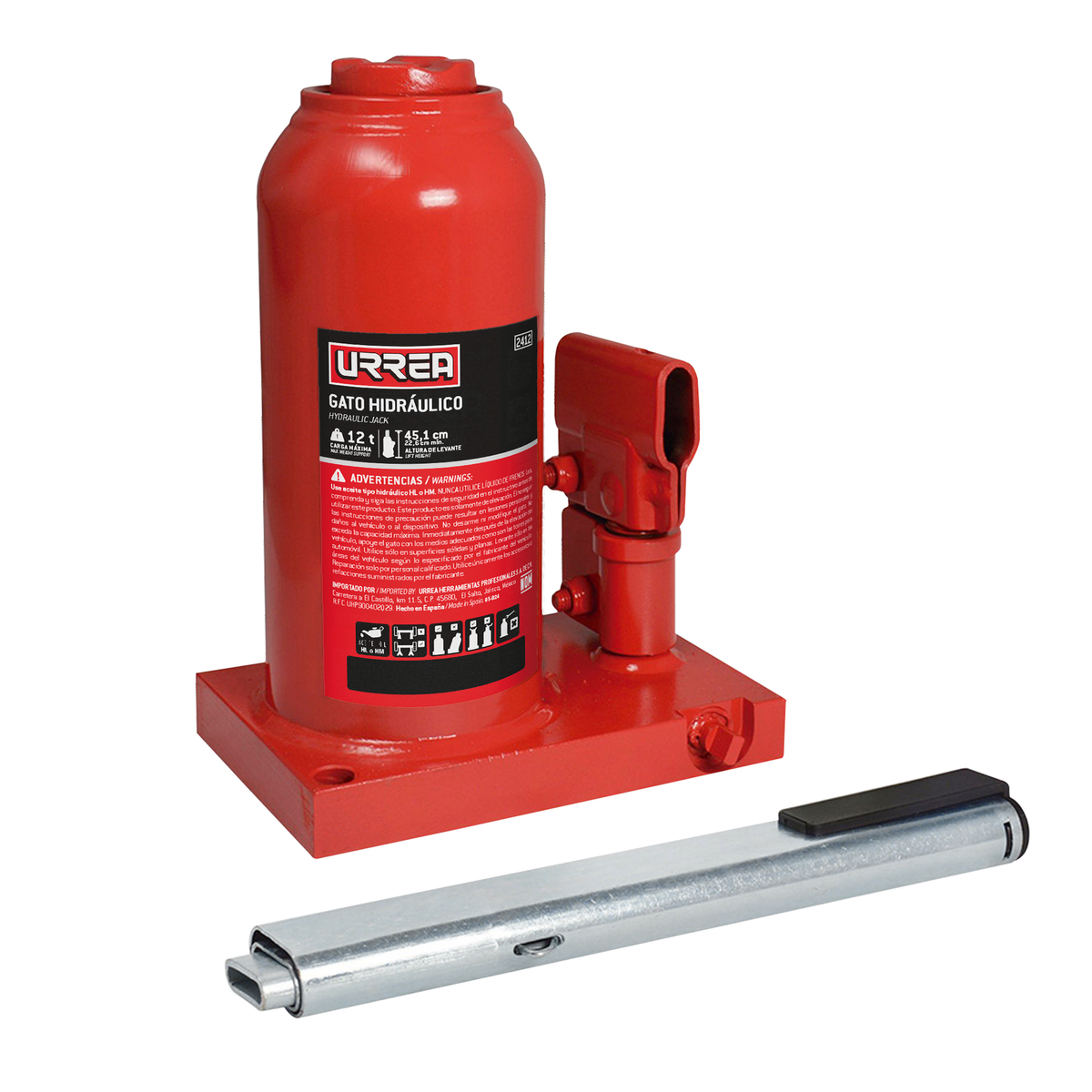 Gato hidráulico de botella con palanca telescópica de tres piezas galvanizada, 12 ton