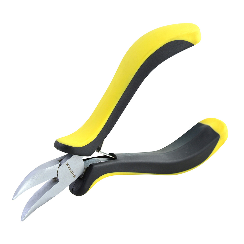 Mini pinza para electrónica con mango bimaterial punta curva de 4-3/4"