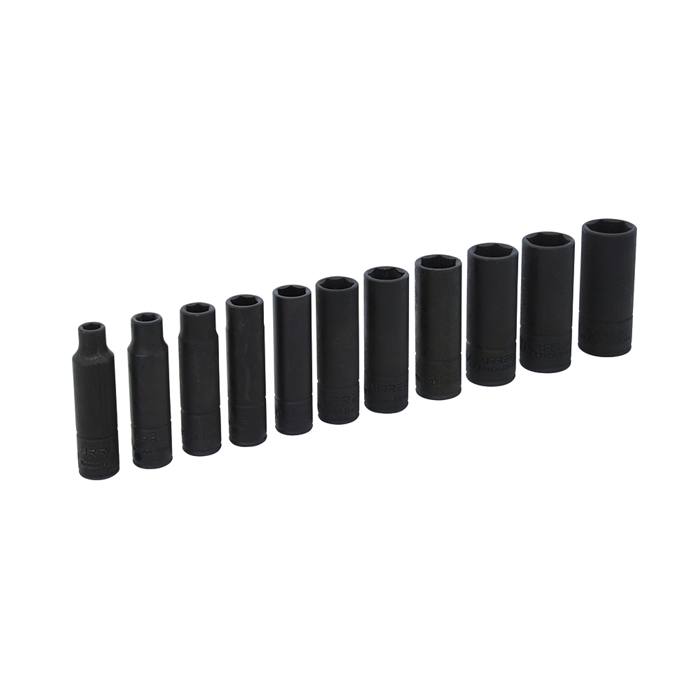 Juego de dados largos de impacto cuadro de 1/4", 6 puntas, métricos, 11 piezas