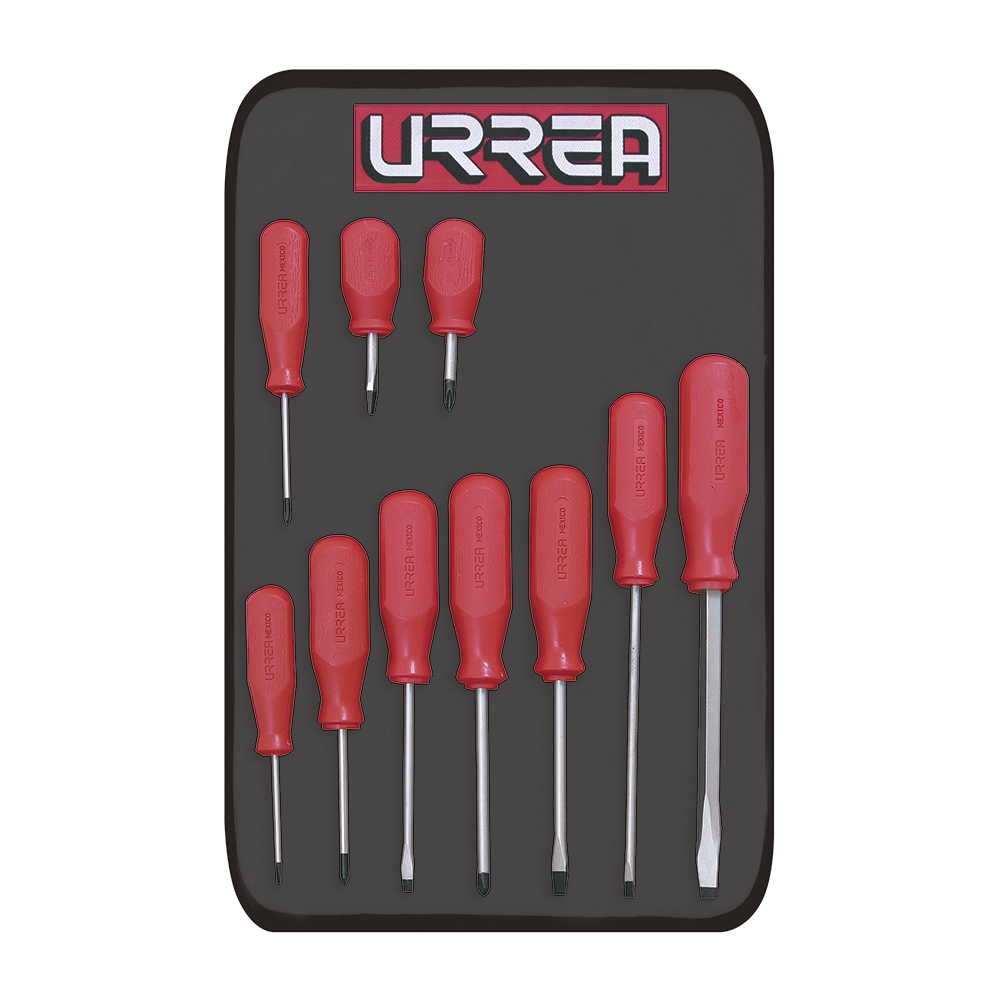 Juego de destornilladores con mango rojo, combinados, 10 piezas en estuche