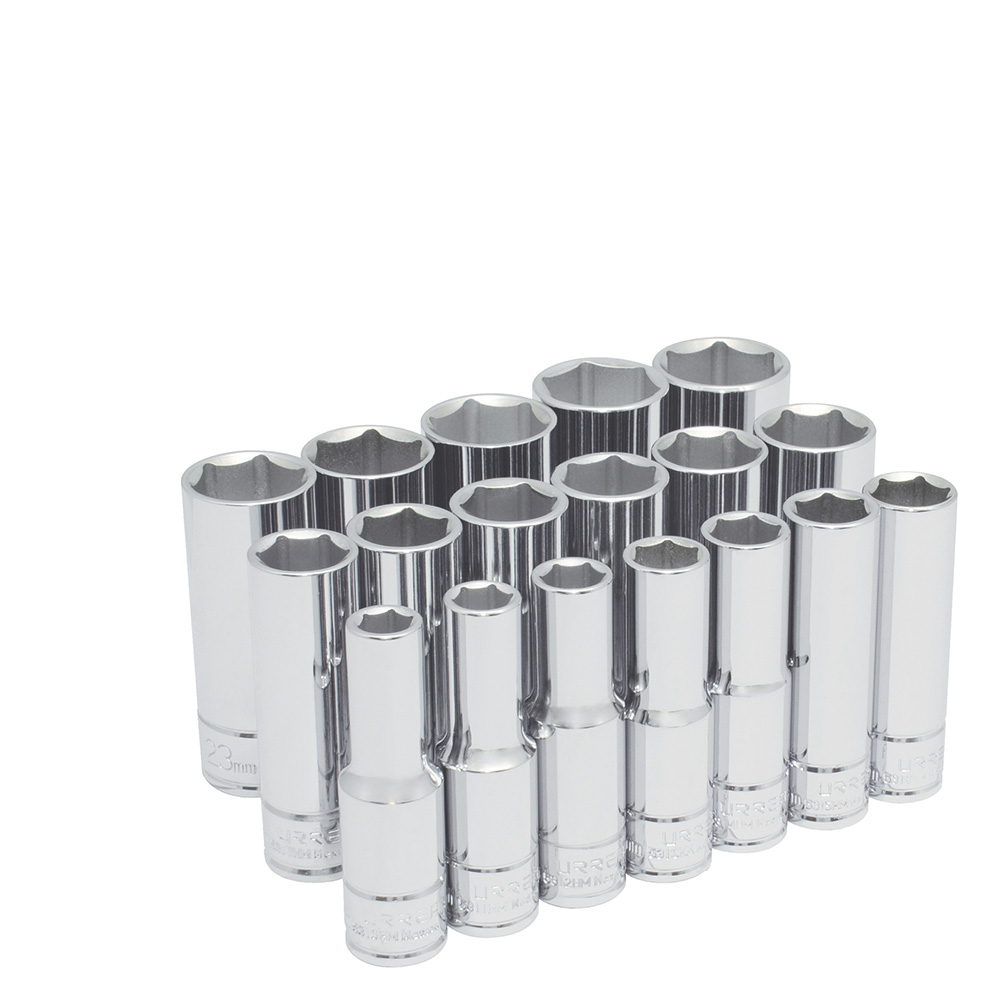 Juego de dados largos cuadro de 1/2" 6 puntas, métricos, 18 piezas