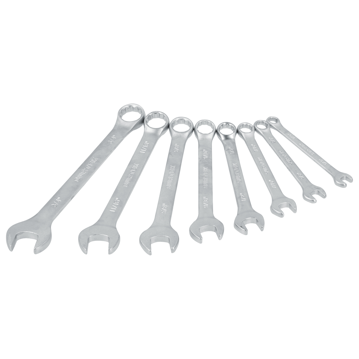 Juego de llaves combinadas satinadas en pulgadas, 12 puntas, 8 piezas en rack