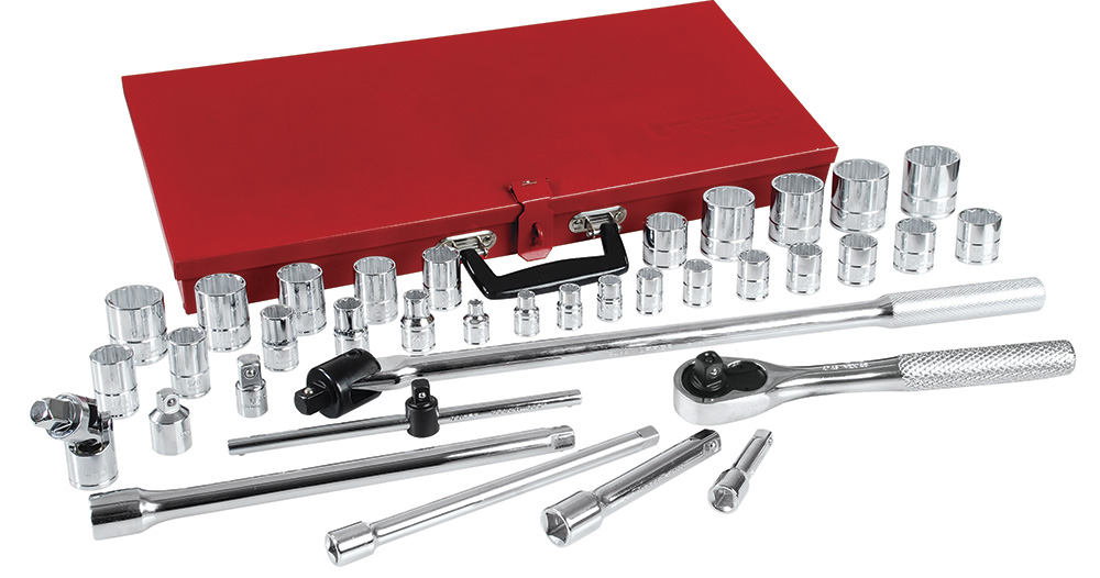 Juego de dados y accesorios cuadro de 3/8" y 1/2" en pulgadas en caja metálica, 37 piezas