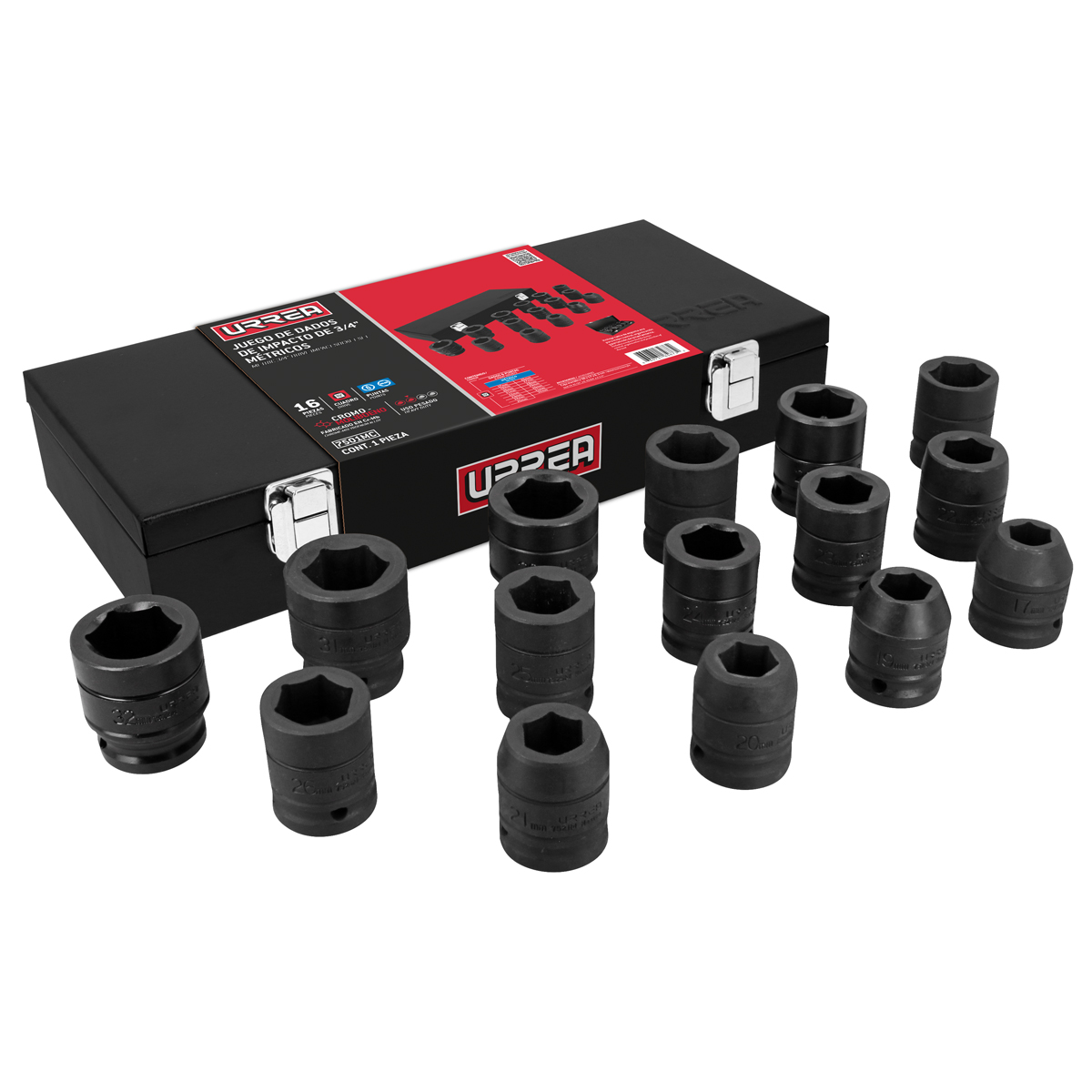 Juego de dados de impacto cuadro de 3/4", 6 puntas, métricos,caja metálica, 15 piezas