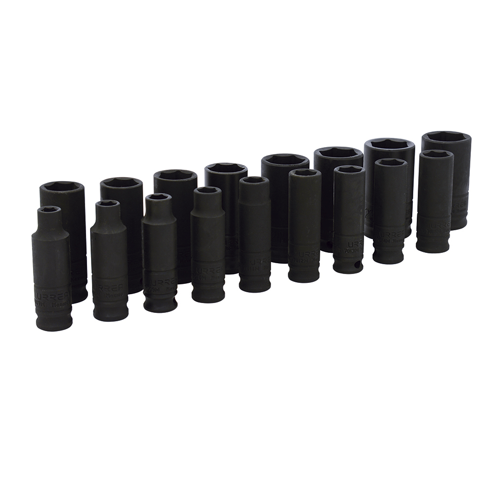 Juego de dados largos de impacto cuadro de 3/8", 6 puntas, métricos, 17 piezas