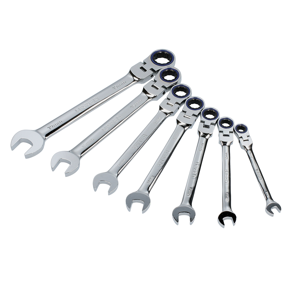 Juego de llaves combinadas pulido espejo de matraca flex mét, 12 puntas,7 pz en rack