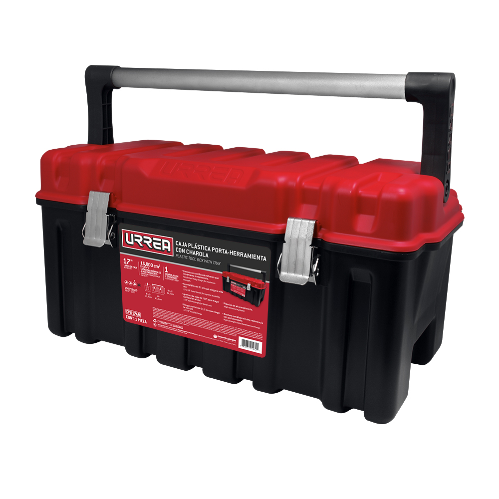 Caja portaherramientas plástica con broches metálicos color negro tapa roja 17" x 9" x 8"